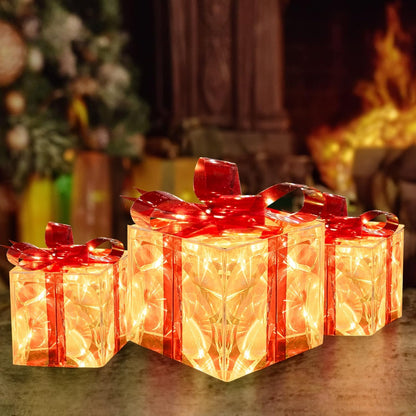 Set of 3 Christmas Lighted Gift Boxes, Pre-Lit 60 LED Light up Present Boxes Ornament Decorations with Ribbons for Indoor Outdoor Xmas Tree Home Yard Lawn Decor, Warm White