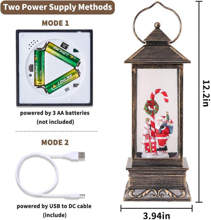 Christmas Musical Snow Globe Lantern, 12 Inch Spinning Glittering Lantern with 6 Hours Timer, USB Powered & Battery Operated for Christmas Decorations (Santa Claus and Candy Cane)