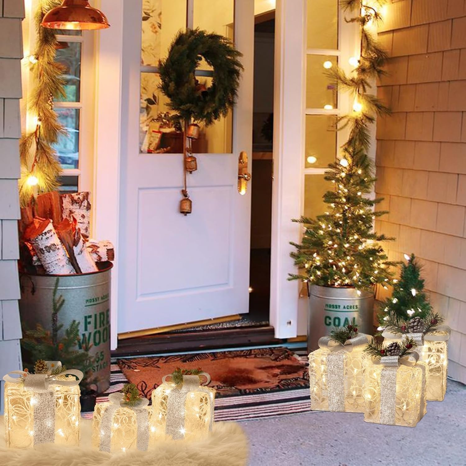 Christmas Lighted Gift Boxes, Set of 3 White Gift Box with 48 Warm White Lights, Outdoor Decorations Plug in for Yard Lawn Porch Holiday