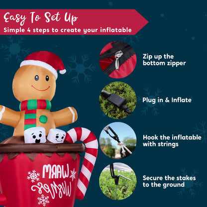 6 FT Christmas Inflatables Gingerbread Man Outdoor Decorations,Gingerbread Man Cocoa Mug Blow Ups Yard with Built-In Leds for Holiday Party Garden Lawn Decor