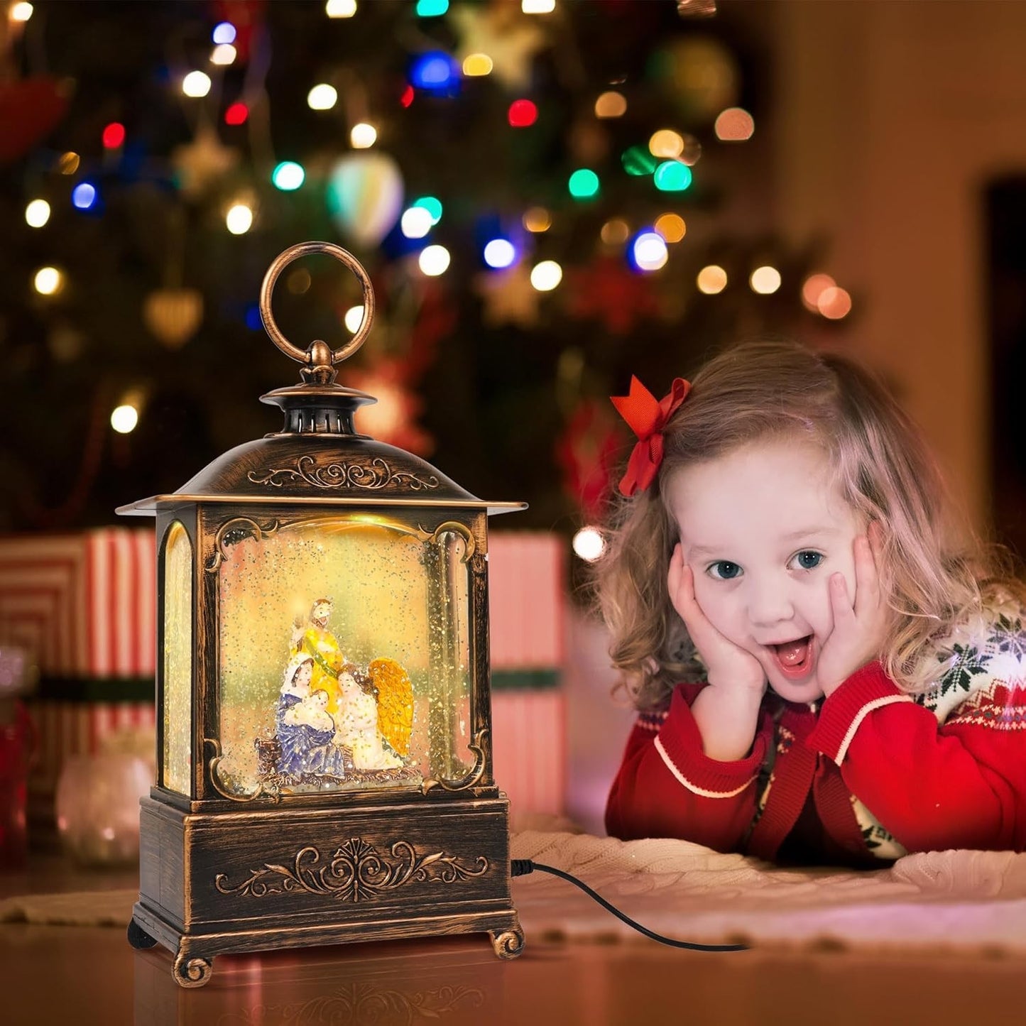 10.8'' Christmas Snow Globe Lantern Snowman with Holiday Tree Musical Jesus
