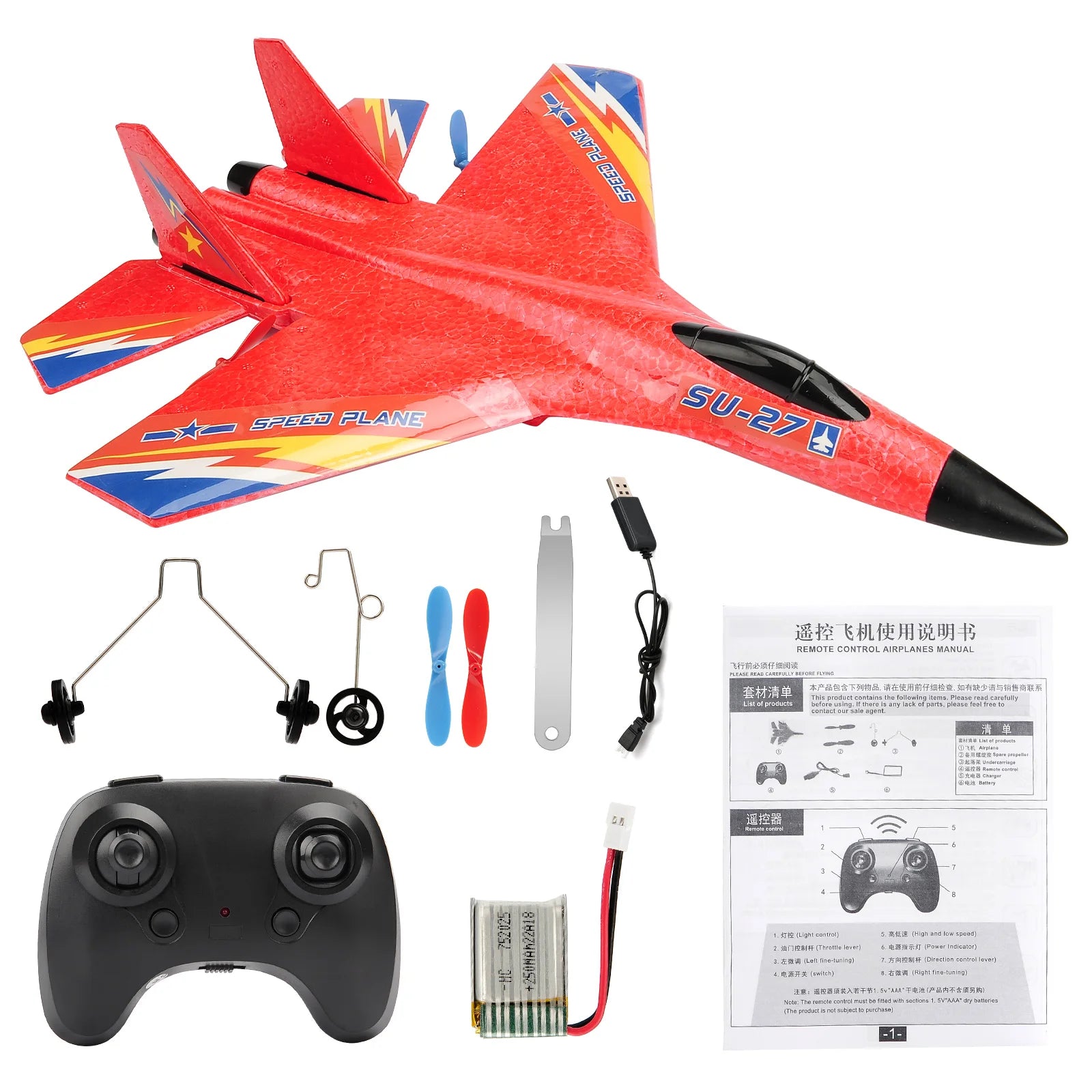 SU27 RC Plane 2.4G 2CH Remote Control Flying Glider with LED Lights- EPP Foam Airplane Toys for Children Gifts