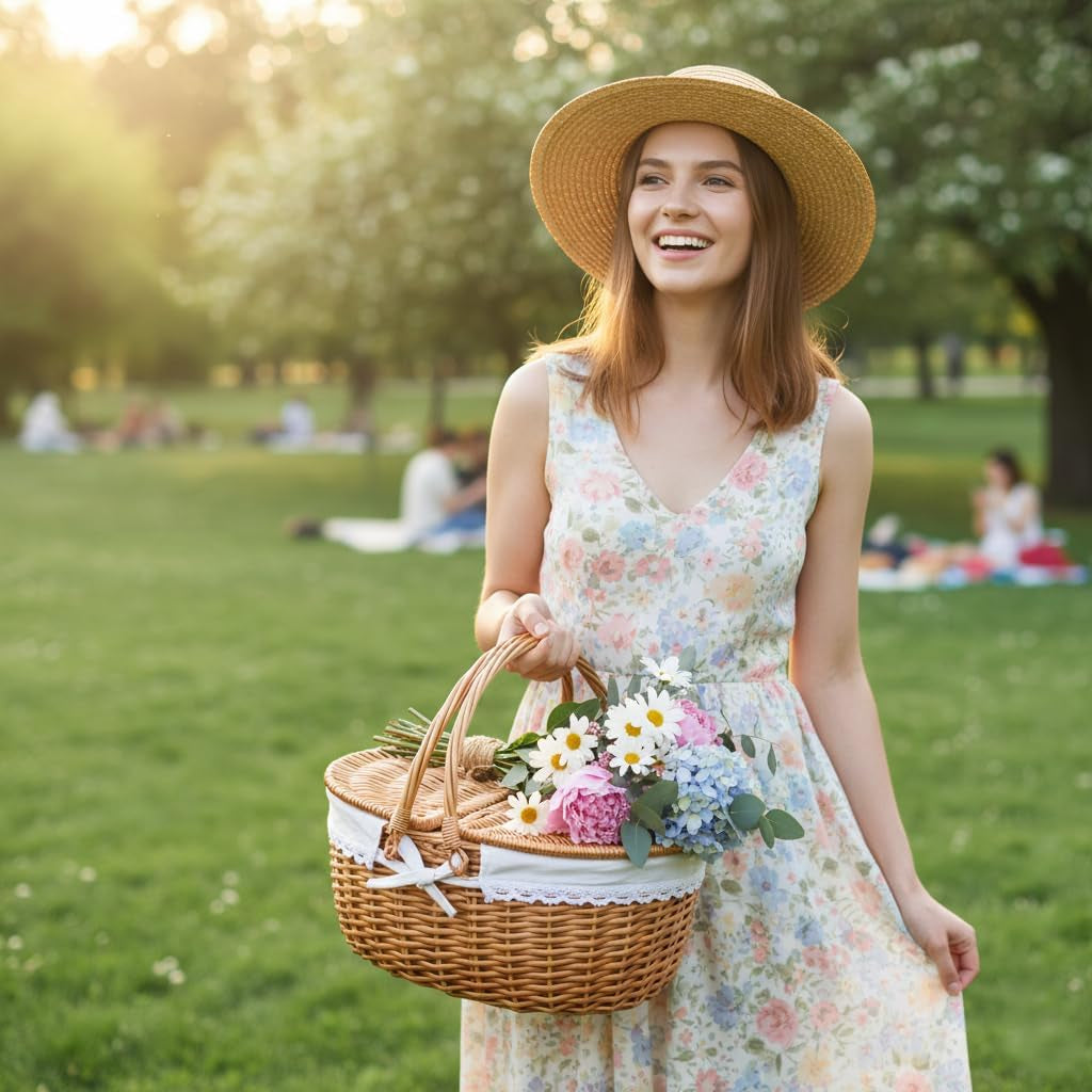 Wicker Picnic Basket with Lid and Handle Sturdy Woven Body with Washable Lining for Easter,Mother'S Day,Outdoor Camping