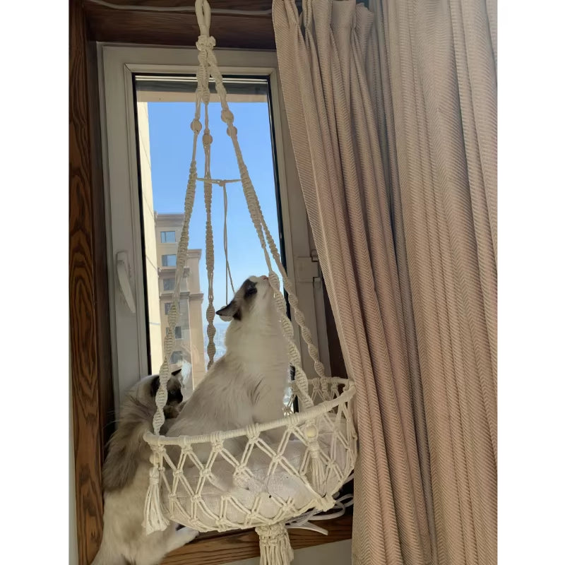 Pet Cat Hammock Swing Bed- Bohemian Handwoven Tapestry Cotton Macrame for Home Bedroom Decoration Wall Hanging without Mat