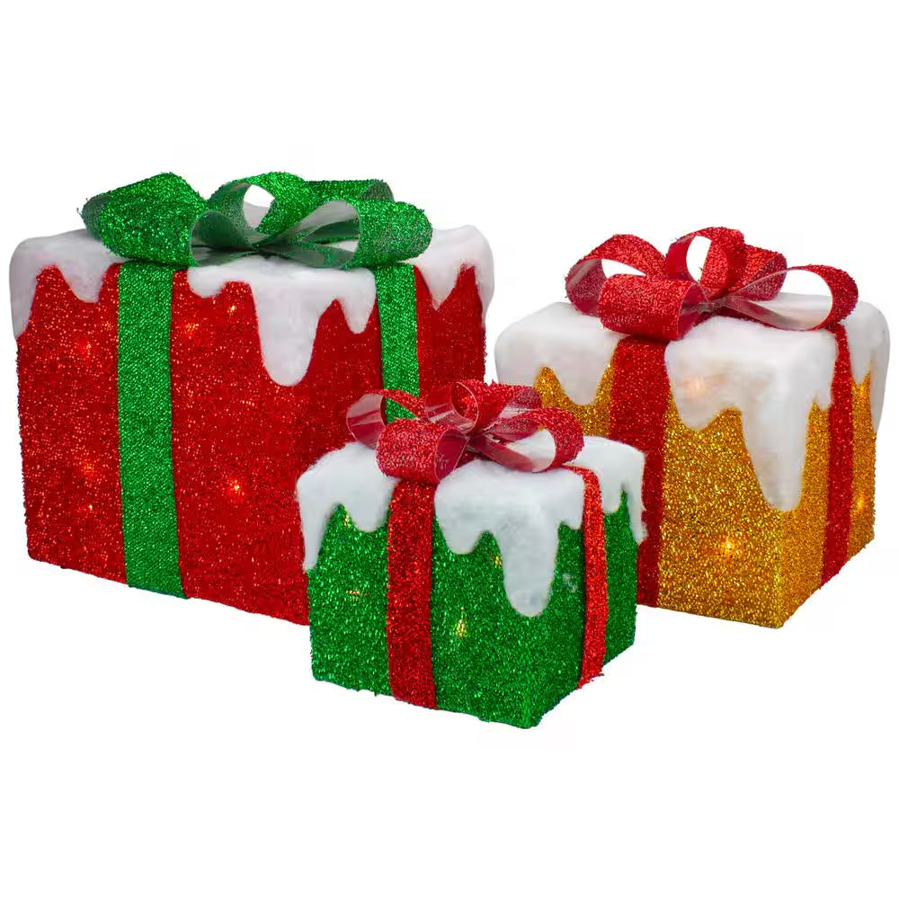 9.5 In. H LED Lighted Green Gold and Red Snowy Gift Boxes with Glittery Tinsel Outdoor Christmas Decorations (Set of 3)