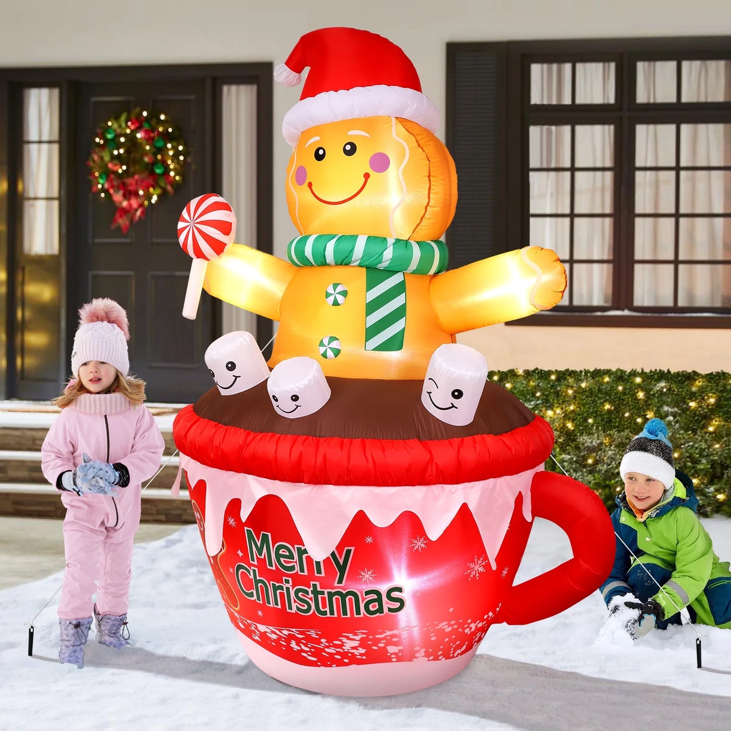 7FT Inflatables Christmas Outdoor Decoration Cup Gingerbread Man with LED, Outdoor Christmas Decoration