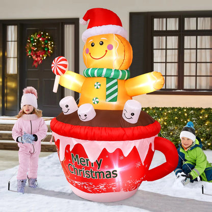 7FT Inflatables Christmas Outdoor Decoration Cup Gingerbread Man with LED, Outdoor Christmas Decoration