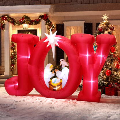 8FT Inflatables Christmas Outdoor Decoration, Joy Christmas Nativity Decoration with LED, Christmas Blow up Yard Decorations- Red/White