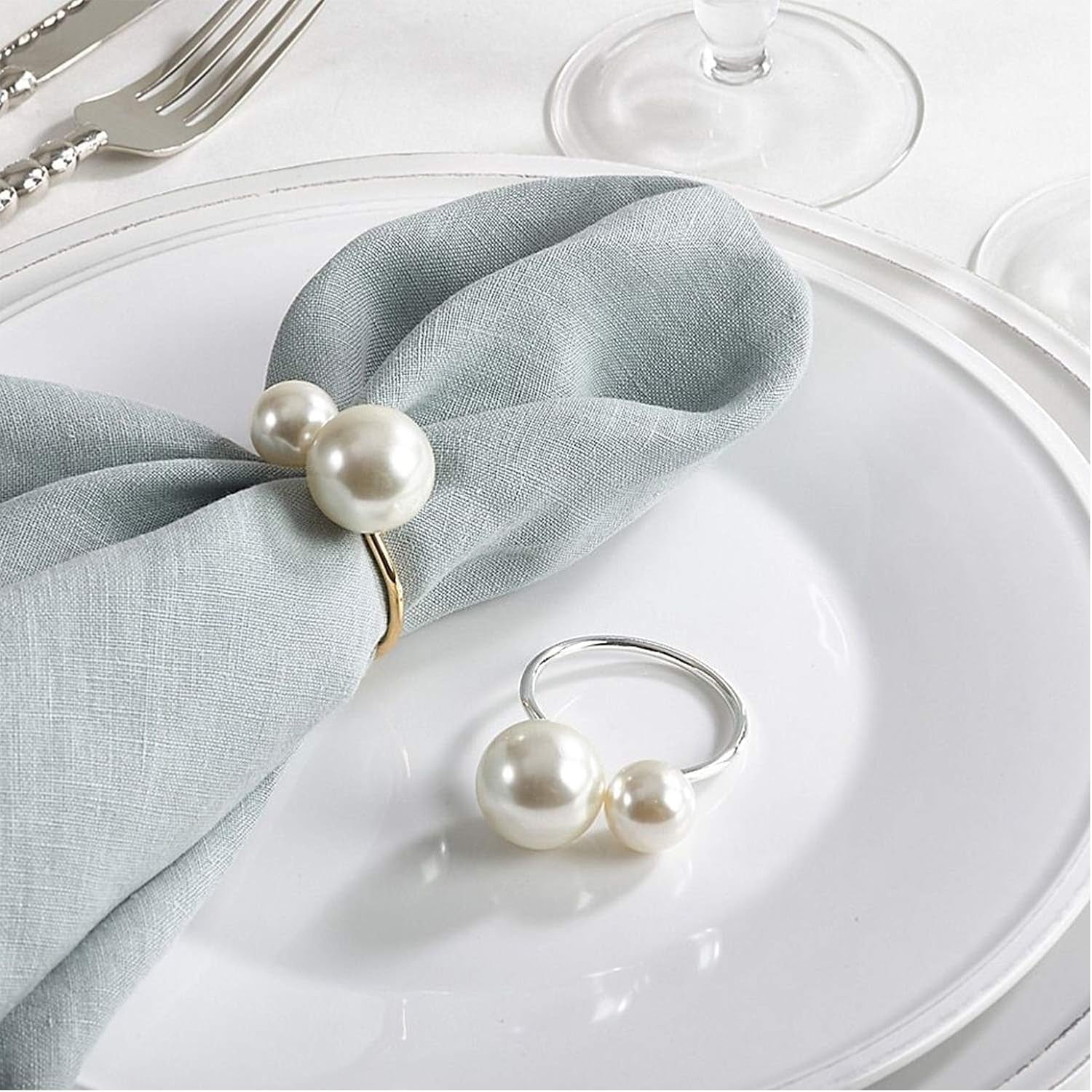 Silver Napkin Rings Set of 12, Pearl Serviette Buckle Napkin Holder for Xmas, Family Gathering, Dinner Party, Wedding Decor (2 Silver Pearls)
