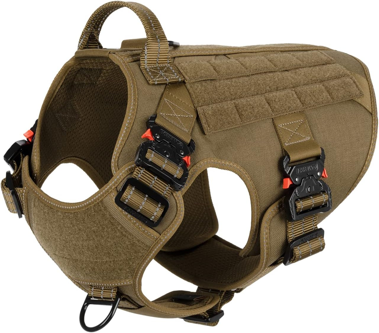 Tactical Dog Harness with 4X Metal Buckle,Working Dog MOLLE K9 Vest with Handle,No Pulling Front Clip,Adjustable Pet Harness for Large Dogs (L (28"-35" Chest), Brown)