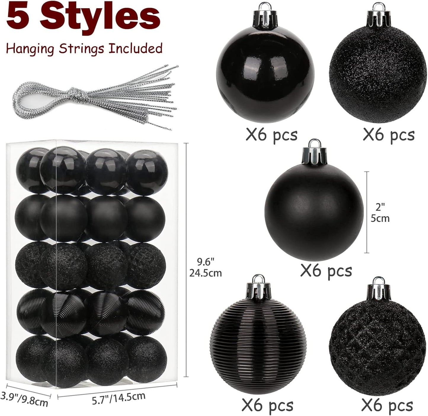 30PCS Shatterproof Black Christmas Tree Ball Ornaments for Holiday Decor