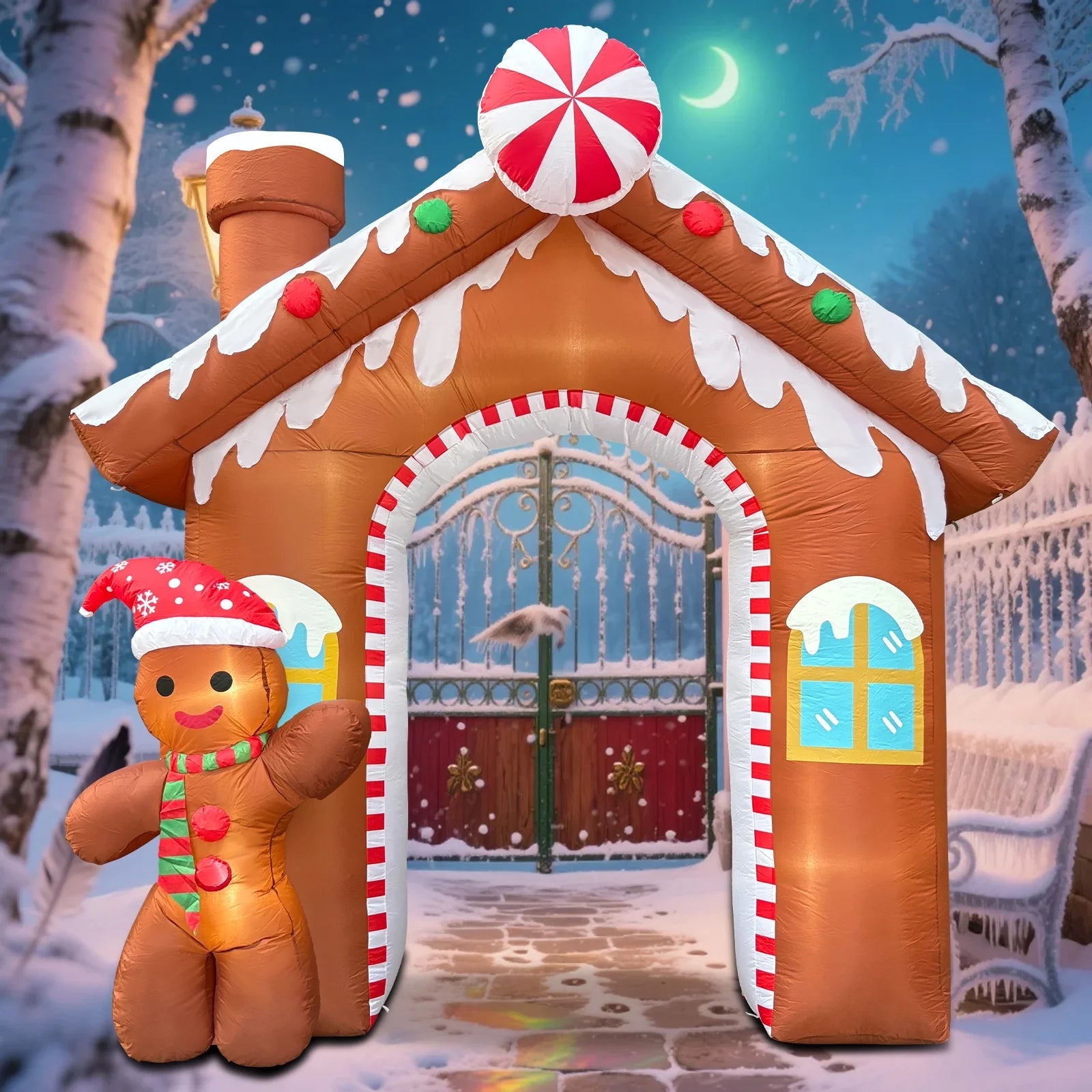 "10FT Inflatable Christmas Gingerbread House Archway - LED Outdoor Yard Decoration with Built-in Lights"
