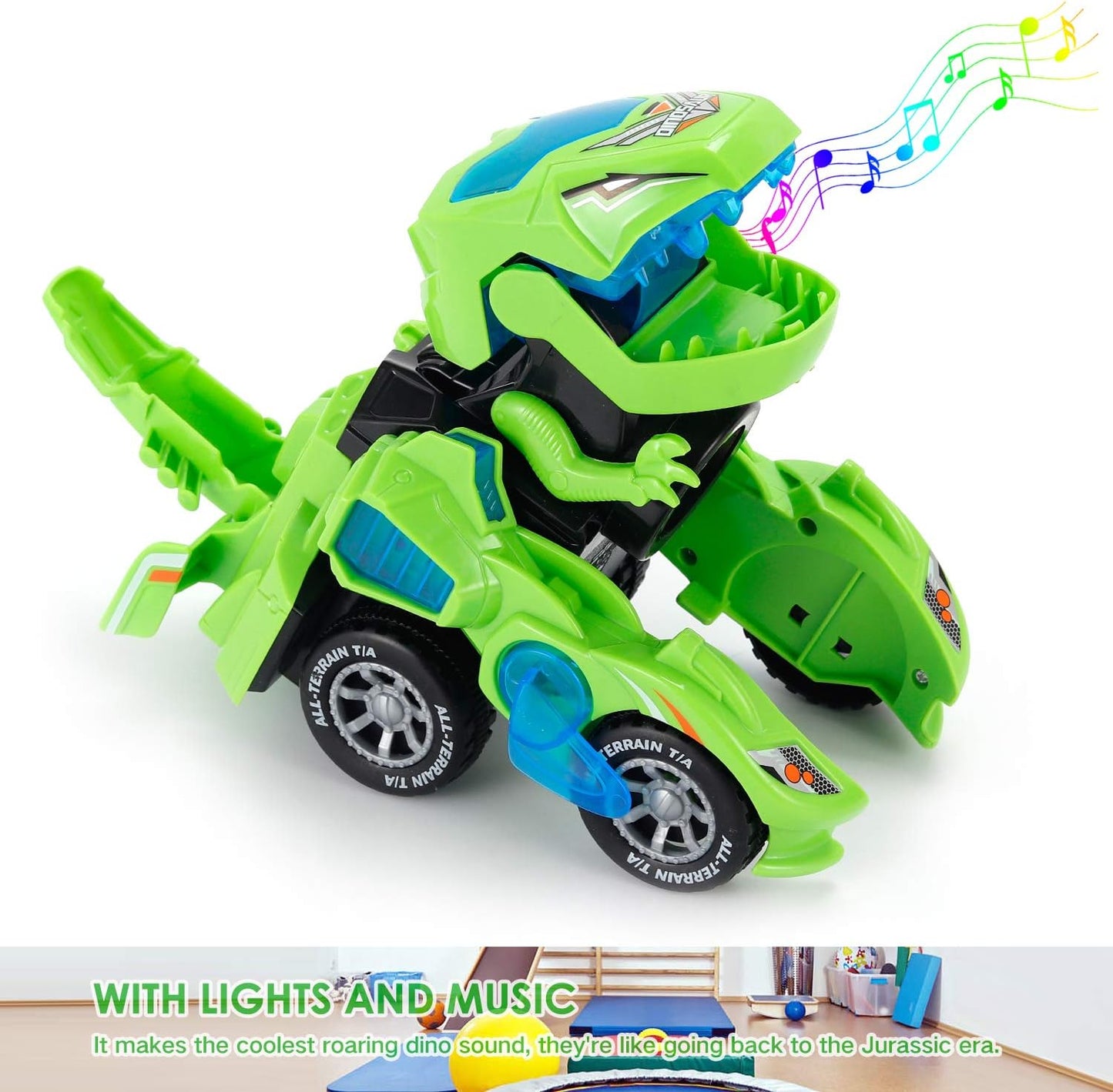 LED Car Dinosaur Transforming Toys- 2 in 1 Automatic Dinosaur Dino Transformer Toy Car Lamps for Kids,Toddlers ( Ages 3-12, Green)