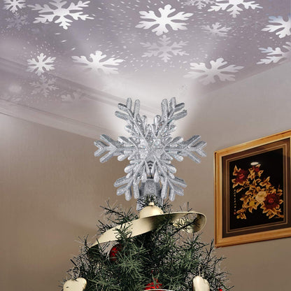 Christmas Tree Topper,  Star Tree Topper Lighted Indoor with Rotating 3D Silver Snowflake LED Projector Hollow Glitter Lighted for Xmas Tree Christmas Decorations Holiday