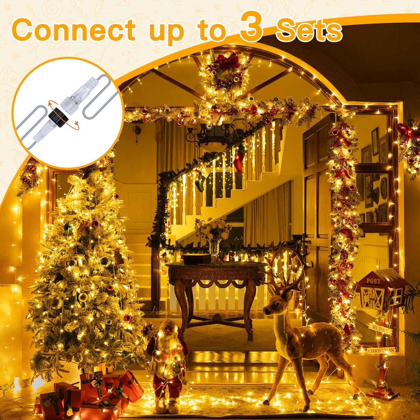 Christmas Lights 200LED 60FT Indoor, Warm White Connectable Plug in String Light Outdoor, 8 Modes Waterproof Timer LED Fairy Lights for House outside Bedroom Patio Balcony