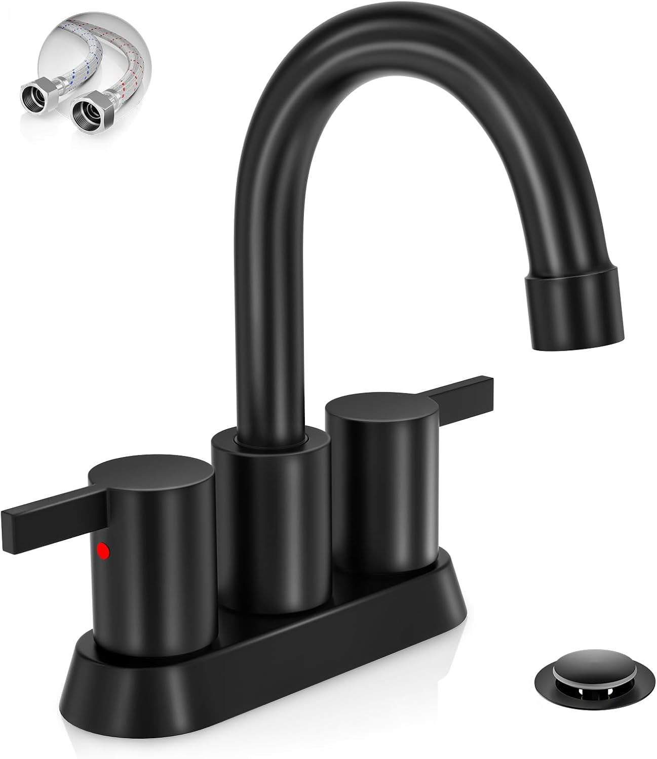 4-Inch Matte Black Lead-Free Modern Bathroom Faucet with 360-Degree Swivel Spout, Two Handles, Pop-Up Drain, and Water Supply Lines for 2-3 Hole RV Bathroom Vanity Sink, Model BF015-1-MB