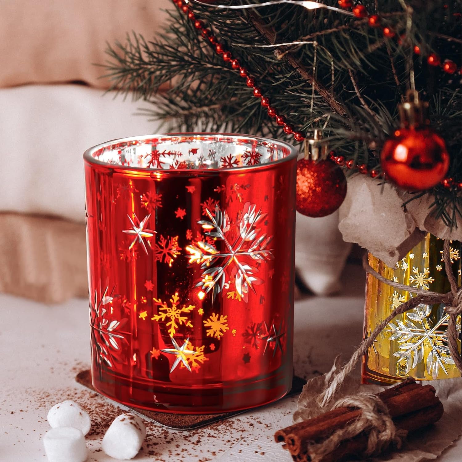 Christmas Candle Holder,Mercury Glass Tealight Votives Set of 6,Christmas Decorations Indoor,Snowflake Carving Tea Lights Centerpieces Table Decor