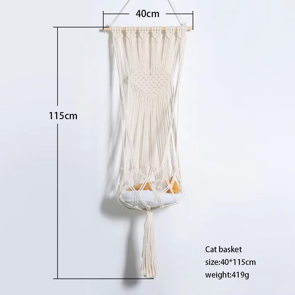 Pet Cat Hammock Swing Bed- Bohemian Handwoven Tapestry Cotton Macrame for Home Bedroom Decoration Wall Hanging without Mat