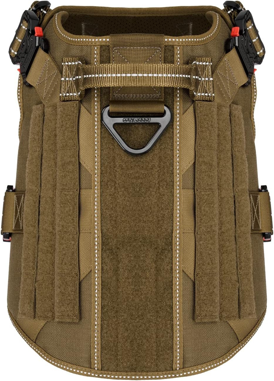 Tactical Dog Harness with 4X Metal Buckle,Working Dog MOLLE K9 Vest with Handle,No Pulling Front Clip,Adjustable Pet Harness for Large Dogs (L (28"-35" Chest), Brown)