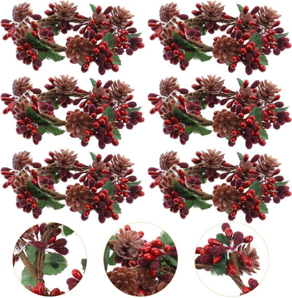 6Pcs Christams Candle Rings Red Berry Candle Rings Wreaths with Pine Cones for Pillars Christams Table Decorations Centerpieces (Red)