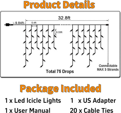 LED Icicle Lights Outdoor 32.8FT, Warm White 400 LED Icicle Waterproof Christmas Decorations String Lights with Timer Remote, 8 Modes Connectable Eave Curtain Fairy Light for Xmas, Thanksgiving, Party