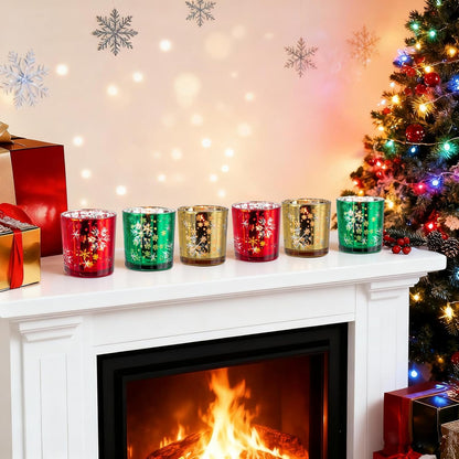 Christmas Candle Holder,Mercury Glass Tealight Votives Set of 6,Christmas Decorations Indoor,Snowflake Carving Tea Lights Centerpieces Table Decor