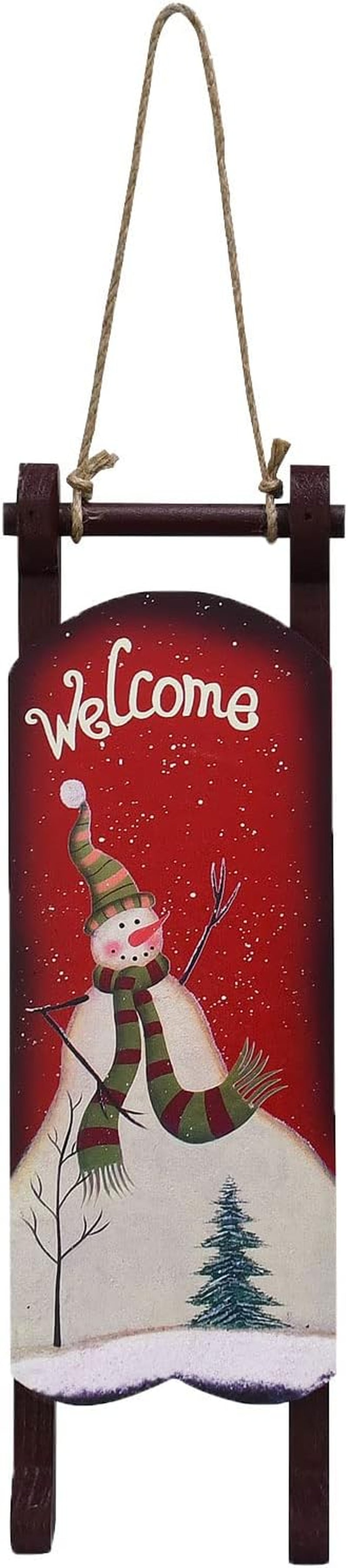 Christmas Sled Decoration Wooden Snowman Welcome Sign Xmas Sleigh Wall Decor Outdoor Hanging Santa Sleigh Rustic Christmas Porch Decor Snowman Wooden Decor Winter Festive Holiday (B)