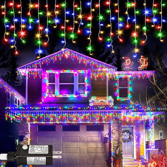 Colored Christmas Lights, 66Ft 640 LED Icicle Lights for outside House with Connectable Clear Wire 8 Modes Timer, Plug in Waterproof for Yard Tree Eaves Party Indoor Holiday Decoration, Multicolor