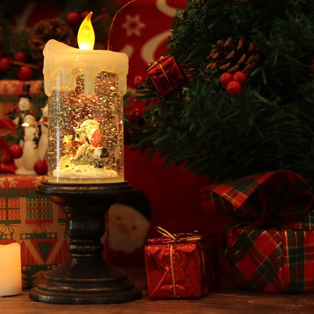 Christmas Snow Globe with Timer, Battery Operated Swirling Water Glittering Lighted Snow Globe Candlestick Thanksgiving Christmas Decoration(Santa)
