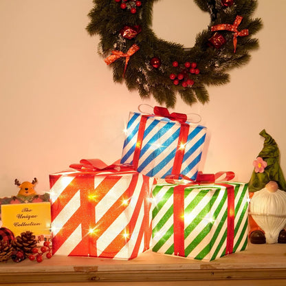 Set of 3 Lighted Gift Boxes Christmas Box Decorations, Red Green and Blue Lit Present Boxes the Best Christmas Yard & Home Décor (50 Lights)