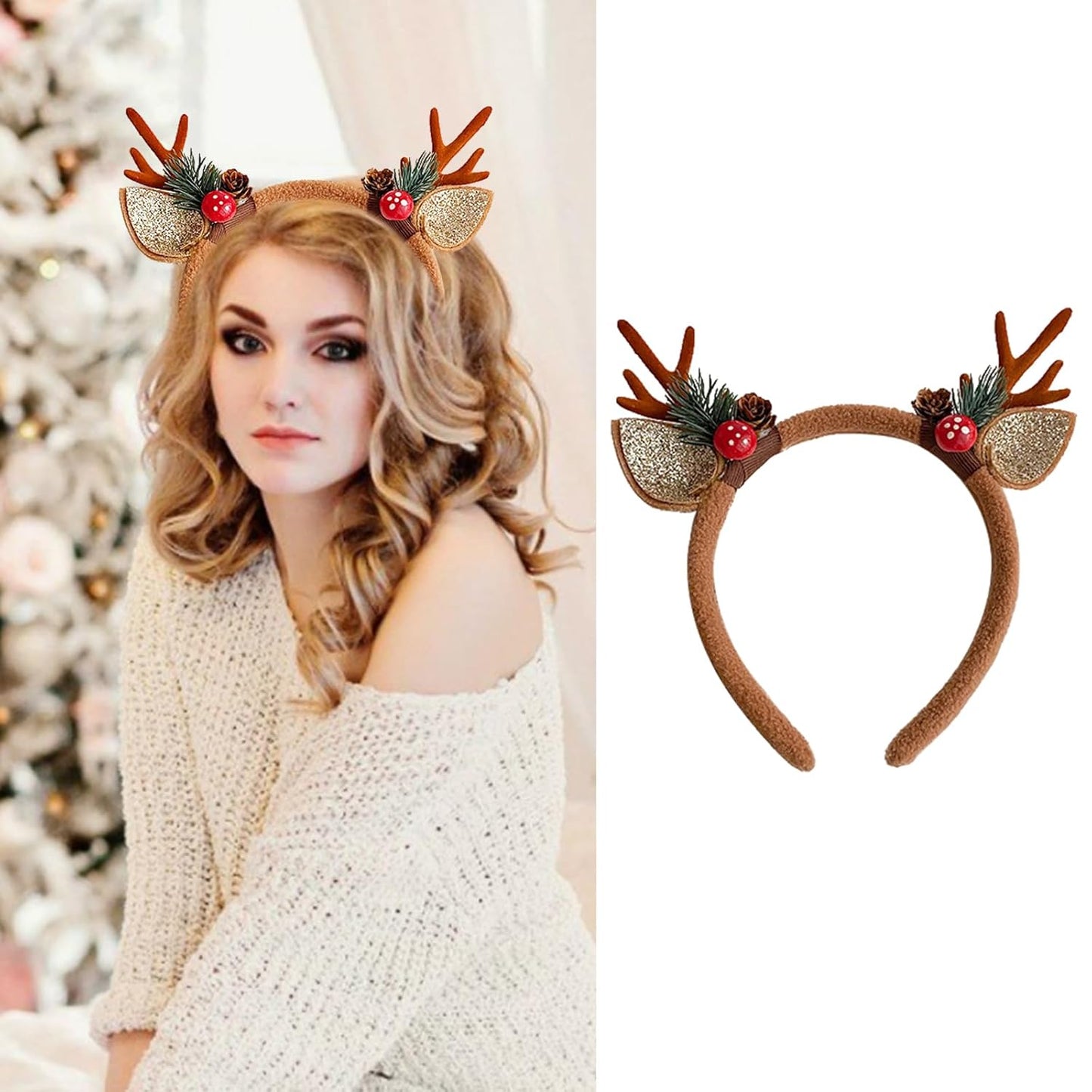 Deer Antler Headband Brown Reindeer Antlers with Mushroom Pine Branches - Christmas Hair Hoop, Deer Ears Animal Fluffy Headpiece Accessories for Christmas Halloween Makeup Party (1 Pcs)