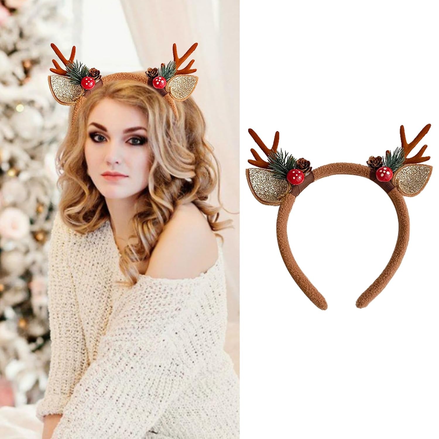 Deer Antler Headband Brown Reindeer Antlers with Mushroom Pine Branches - Christmas Hair Hoop, Deer Ears Animal Fluffy Headpiece Accessories for Christmas Halloween Makeup Party (1 Pcs)