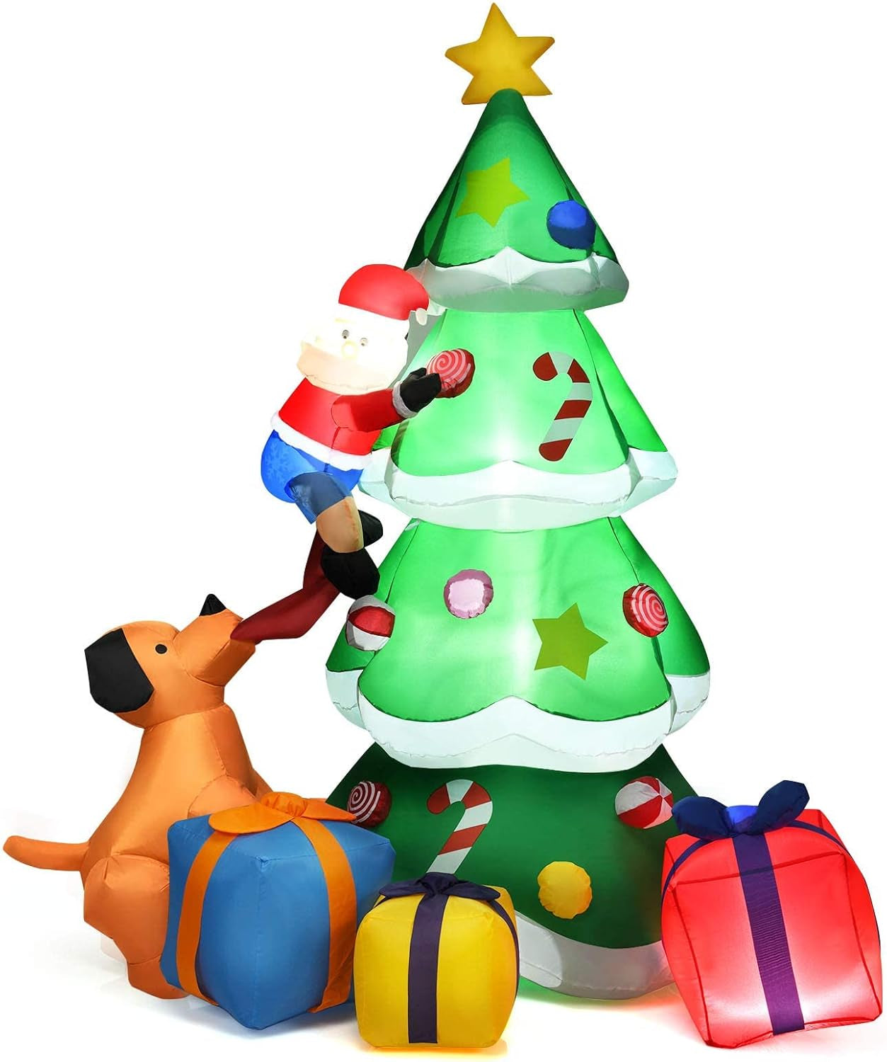 7 Ft Inflatable Christmas Tree with Santa Claus Dog & Gift Boxes, Self Inflating Electric Blow up Lighted Interior with Fan and Anchor Ropes, Indoor Outdoor Garden Yard Family Prop Decoration