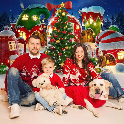 Cartoon Christmas Village Photography Backdrop Winter Snow Xmas Tree Background Christmas Fairy Tale Animated Kid Party Backdrops Photo Booth Props (7X5)