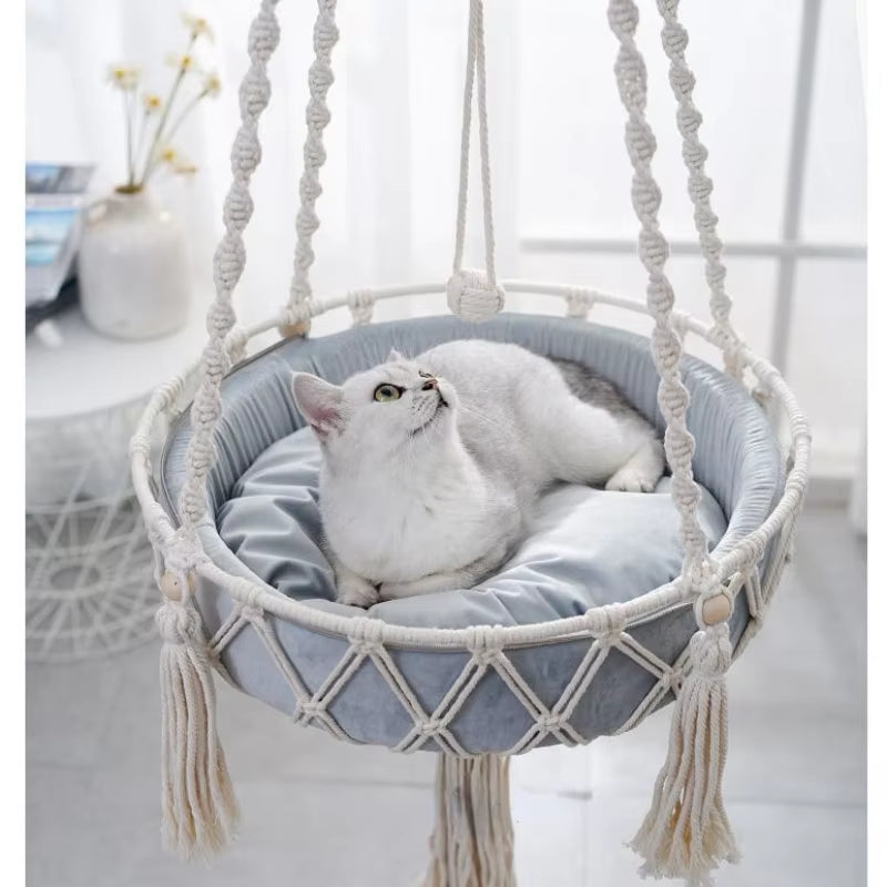 Pet Cat Hammock Swing Bed- Bohemian Handwoven Tapestry Cotton Macrame for Home Bedroom Decoration Wall Hanging without Mat