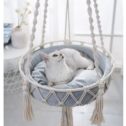 Pet Cat Hammock Swing Bed- Bohemian Handwoven Tapestry Cotton Macrame for Home Bedroom Decoration Wall Hanging without Mat