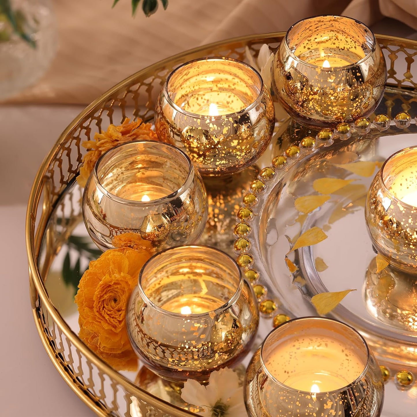 12 Pcs Gold Votive Candle Holders -Gold Mercury Glass Candle Holders, Diwali Decorations for Home, Wedding Centerpieces for Tables, Christmas Tea Light Holders