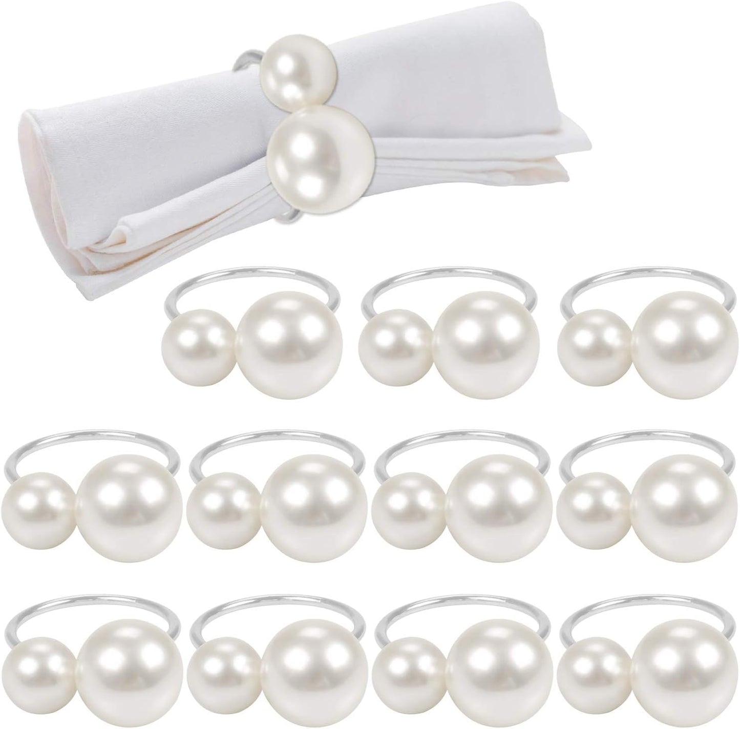 Silver Napkin Rings Set of 12, Pearl Serviette Buckle Napkin Holder for Xmas, Family Gathering, Dinner Party, Wedding Decor (2 Silver Pearls)