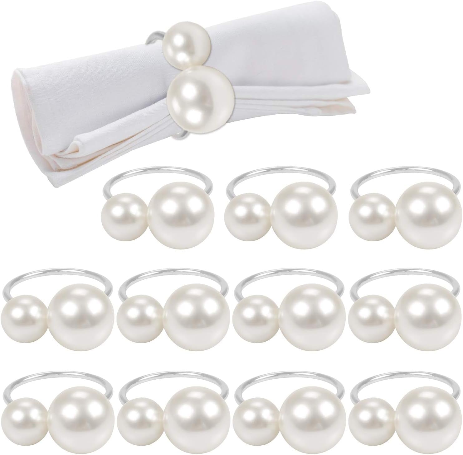 Silver Napkin Rings Set of 12, Pearl Serviette Buckle Napkin Holder for Xmas, Family Gathering, Dinner Party, Wedding Decor (2 Silver Pearls)