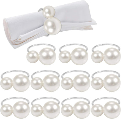 Silver Napkin Rings Set of 12, Pearl Serviette Buckle Napkin Holder for Xmas, Family Gathering, Dinner Party, Wedding Decor (2 Silver Pearls)