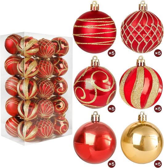 30Pcs Christmas Tree Ball Ornaments Set, Red and Gold, Colored Shatterproof Plastic Decorative Baubles Decorations for Xmas Tree Decor Holiday Party Wedding Decoration, 60Mm/2.36"