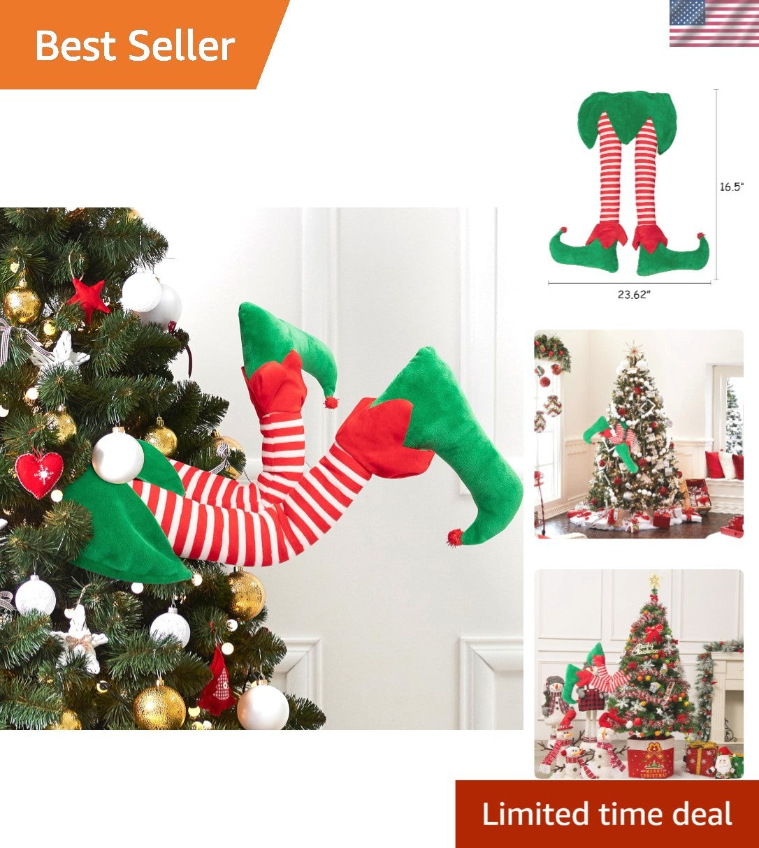 23” Christmas Elf Stuffed Legs Stuck Tree Topper Decorations -Xmas Holiday In...