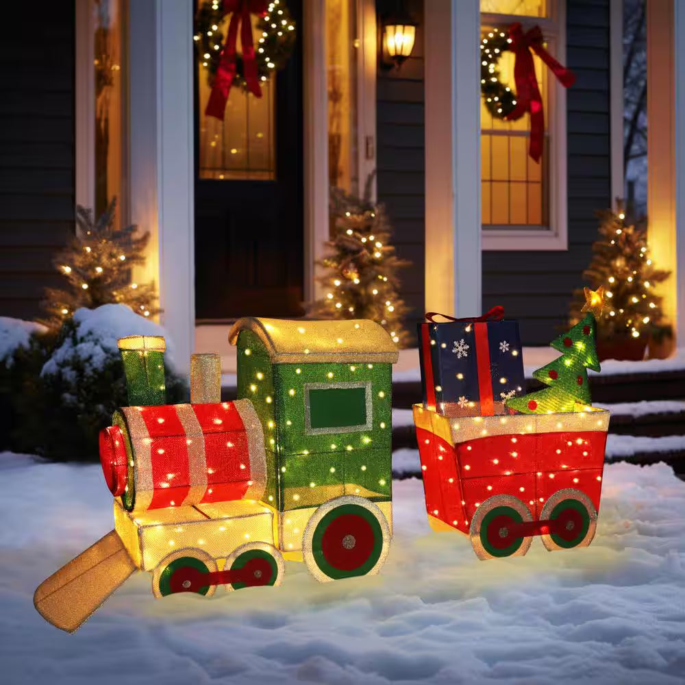 5 Ft. Train Set Outdoor Holiday Yard Decoration Warm White LED with Christmas Tree and Gift Box