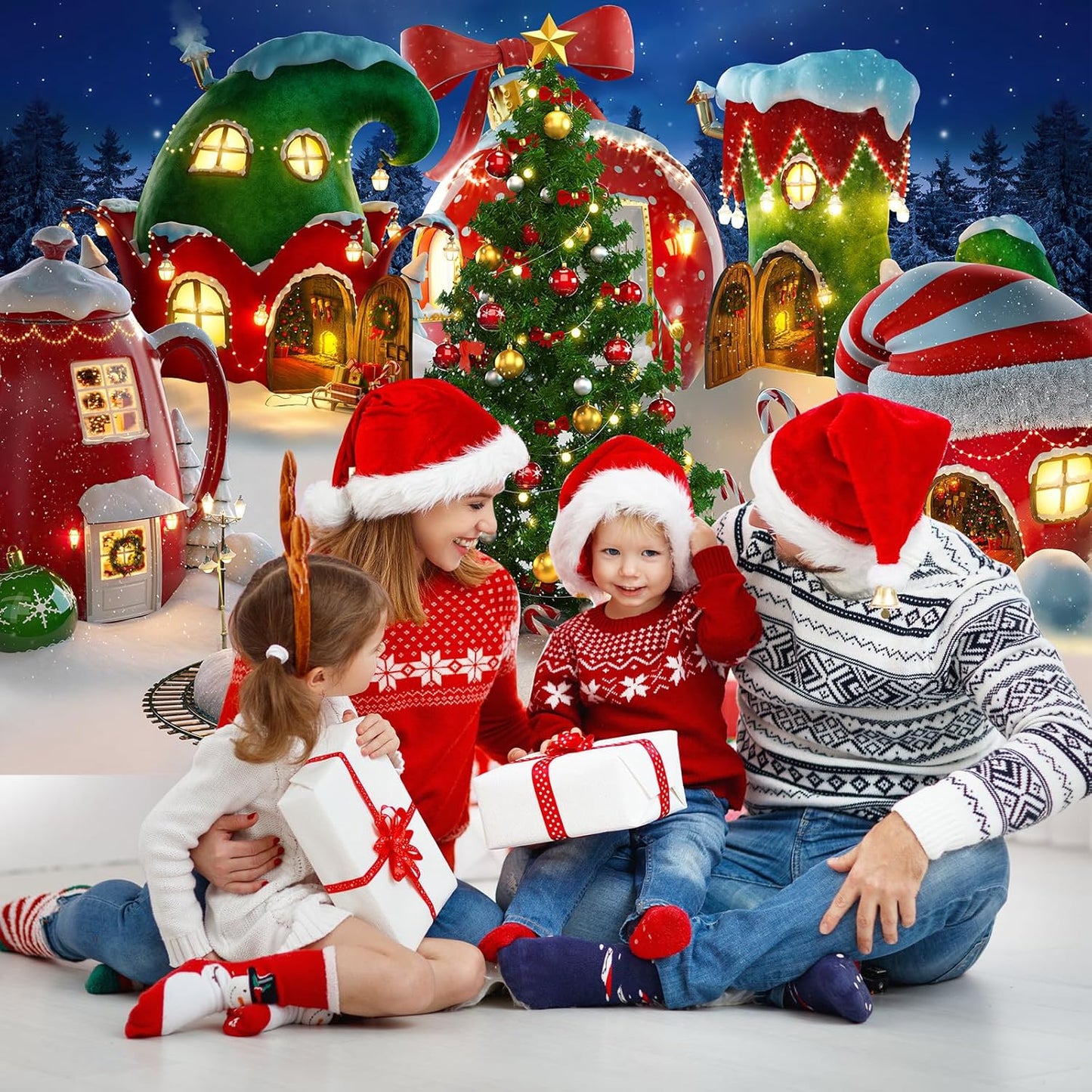Cartoon Christmas Village Photography Backdrop Winter Snow Xmas Tree Background Christmas Fairy Tale Animated Kid Party Backdrops Photo Booth Props (7X5)