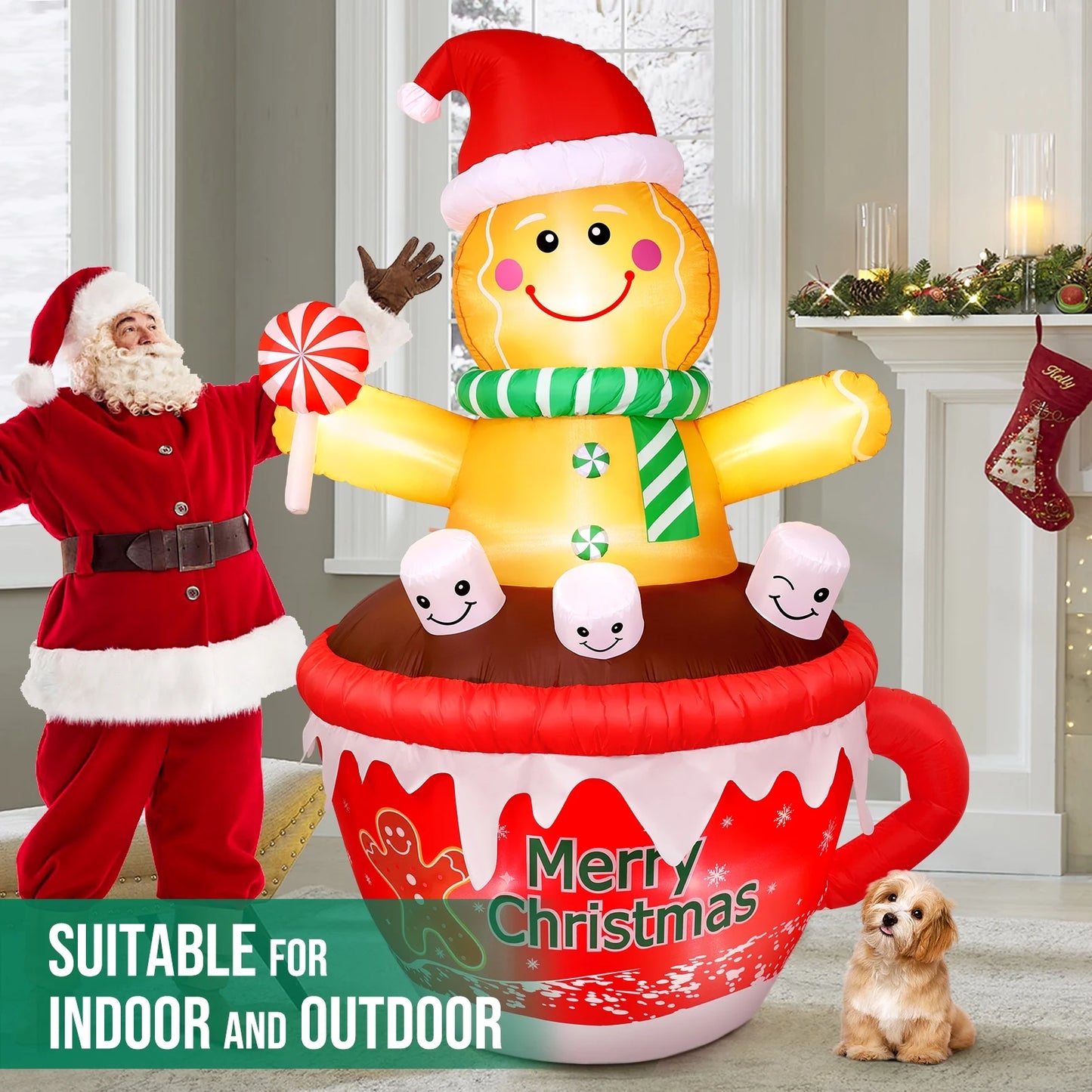 7FT Inflatables Christmas Outdoor Decoration Cup Gingerbread Man with LED, Outdoor Christmas Decoration