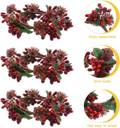6Pcs Christams Candle Rings Red Berry Candle Rings Wreaths with Pine Cones for Pillars Christams Table Decorations Centerpieces (Red)