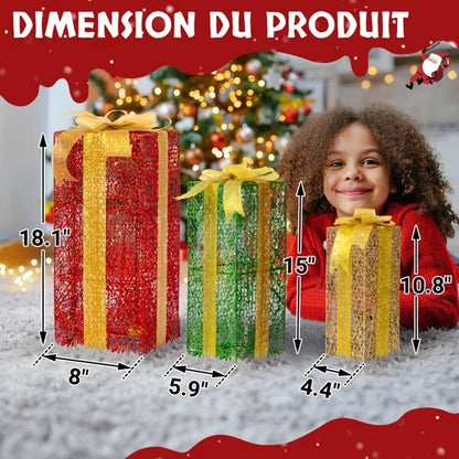 VINGLI Lighted Gift Boxes Set of 3, Pre-Lit Nestable Present Boxes Ornament with 90 LED Warm White Lights and Stakes for Christmas Outdoor Indoor Decorations Lighted Holiday Displays