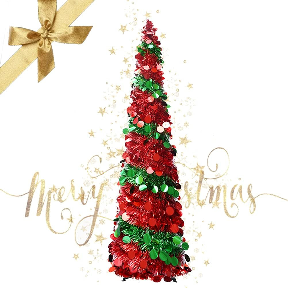 5 Foot Collapsible Pop up Sequin Artificial Pencil Christmas Tree Tinsel Slim Halloween Xmas Tree Tall Skinny Tree with Plastic Stand, Decorations for Home Fireplace Party Indoor Outdoor (Green& Red)