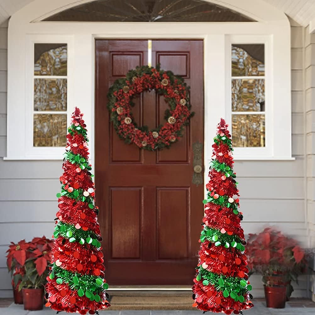 5 Foot Collapsible Pop up Sequin Artificial Pencil Christmas Tree Tinsel Slim Halloween Xmas Tree Tall Skinny Tree with Plastic Stand, Decorations for Home Fireplace Party Indoor Outdoor (Green& Red)
