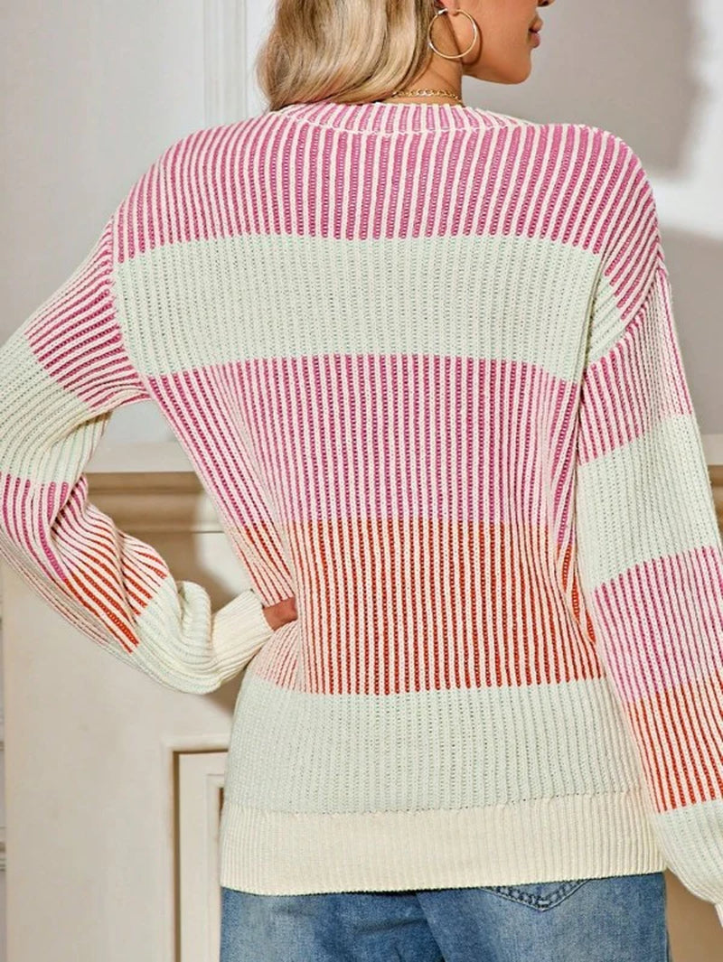 Cotton Color Block Lantern Rib Knitted Sweater